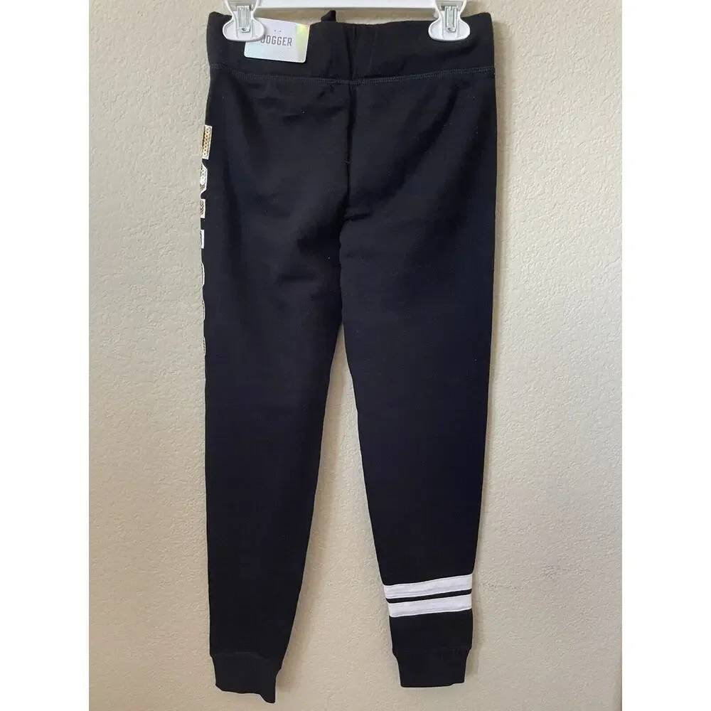 Justice Black Gold Sequins Logo Stripe Mid Rise Full Length Joggers Pants Size 8